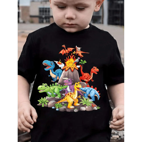 Boys Summer Cotton T-Shirt Featuring Dinosaur Cartoon and Vibrant Scene for Outdoor Casual Play