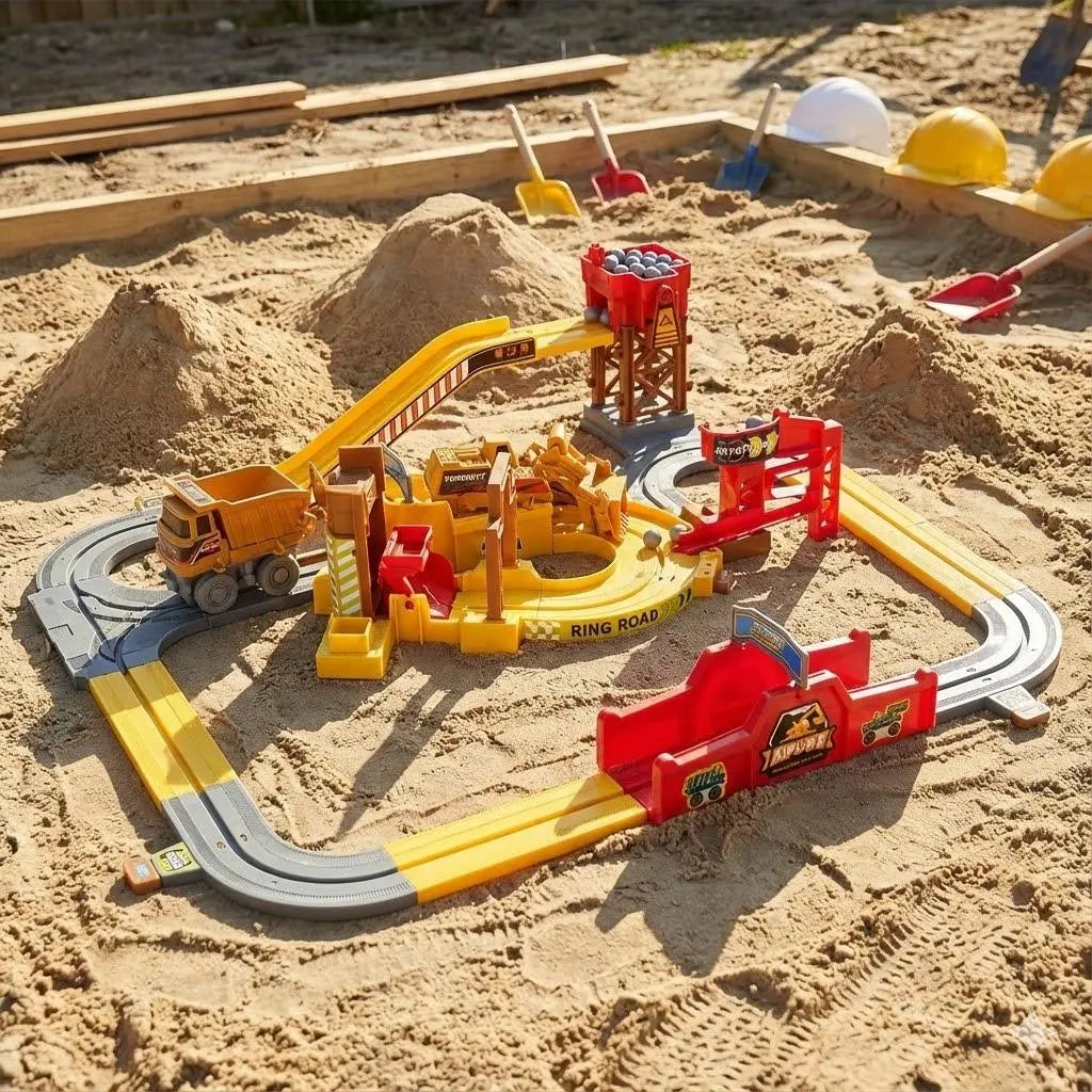 Construction Track Set for Kids, Engineering Truck Track Toy with Dump Truck, Crane, Rock Loading Station, Conveyor Ramp & Construction Site Playset for Boys Girls
