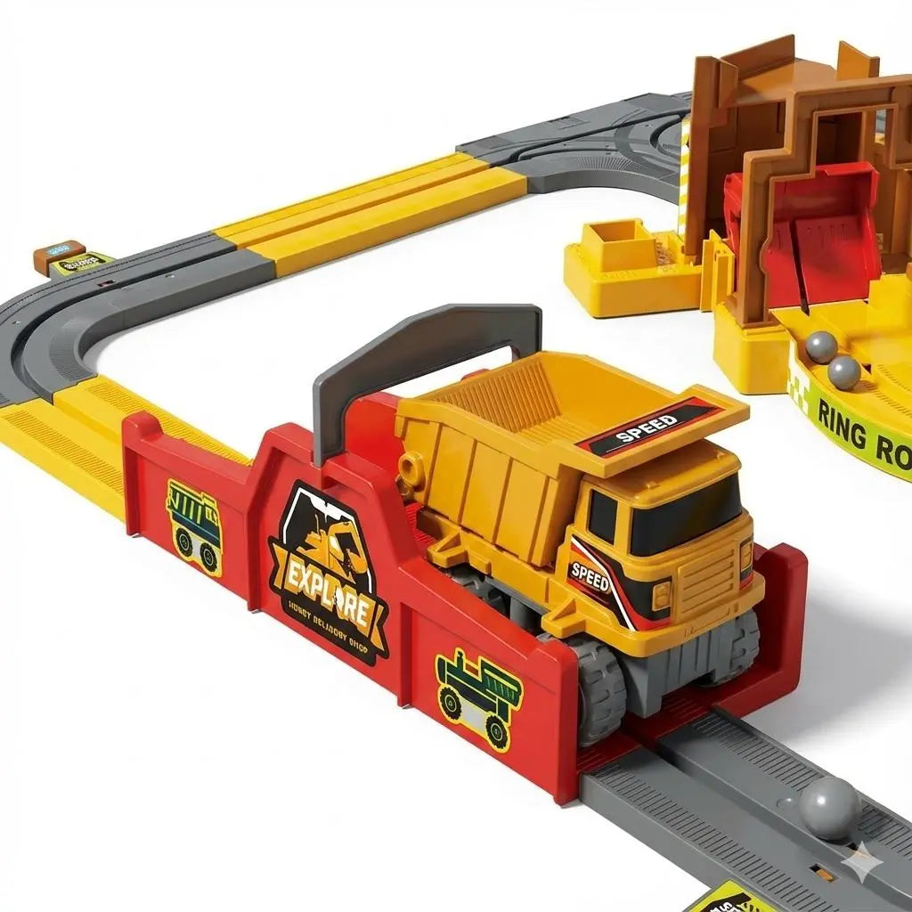 Construction Track Set for Kids, Engineering Truck Track Toy with Dump Truck, Crane, Rock Loading Station, Conveyor Ramp & Construction Site Playset for Boys Girls