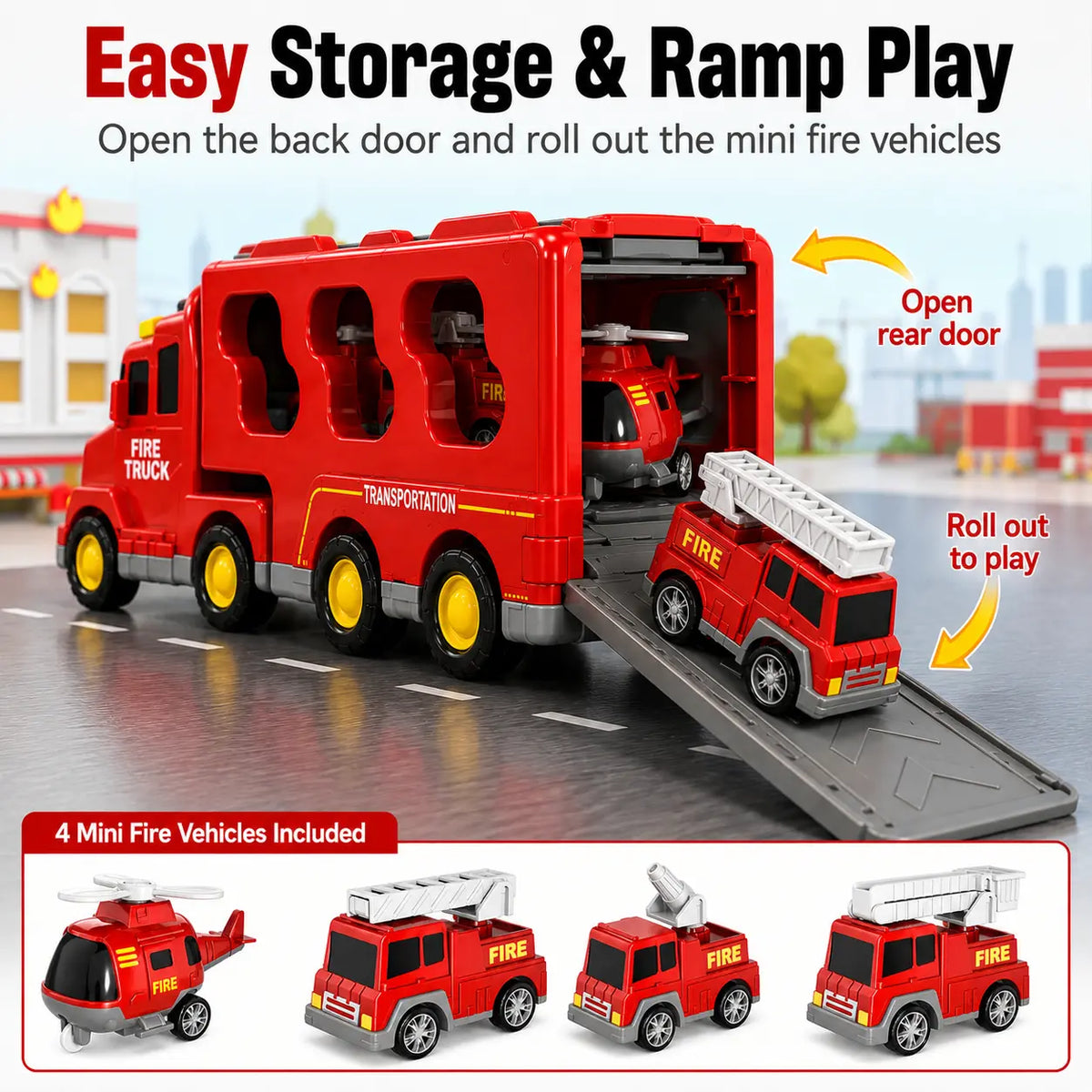 5-In-1 Fire Truck Carrier Toy Set, Large Red Transport Truck with Rear Ramp, Helicopter, Ladder Truck, Aerial Truck and Mini Fire Vehicle